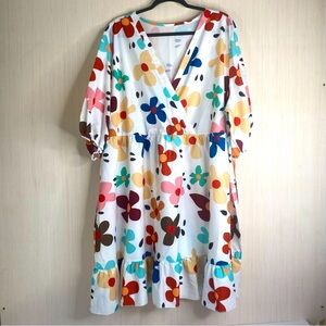 SHEIN White Dress Colorful Flowers Crisscross Elastic Waist Ruffle Hem 2X